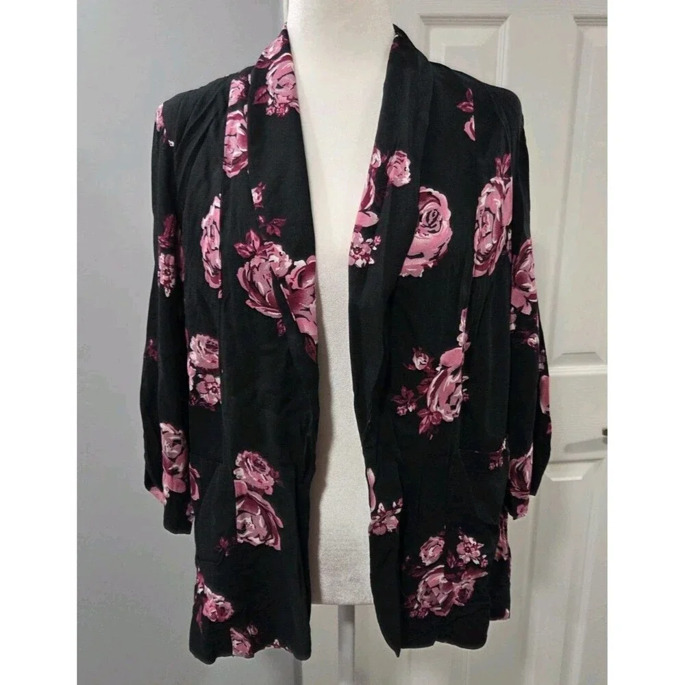 Xhilaration Black Floral Draped Collar Shawl Cardigan Womens Size Large